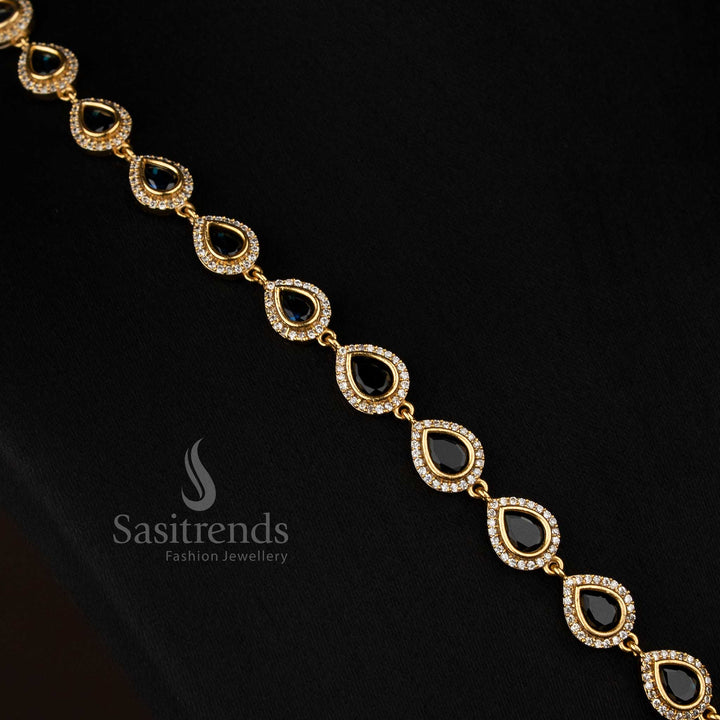 Majestic black American Diamond teardrop rectangle motif matte gold plated necklace for elegant function wear - Sasitrends