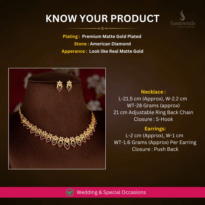 Matte Gold plated AD Necklace Set Measurement Image - Sasitrends