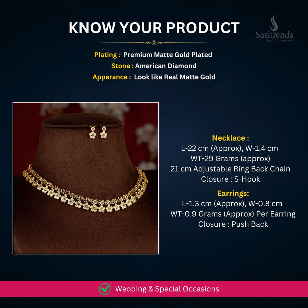 Matte Gold plated AD Necklace Set Measurement Image - Sasitrends