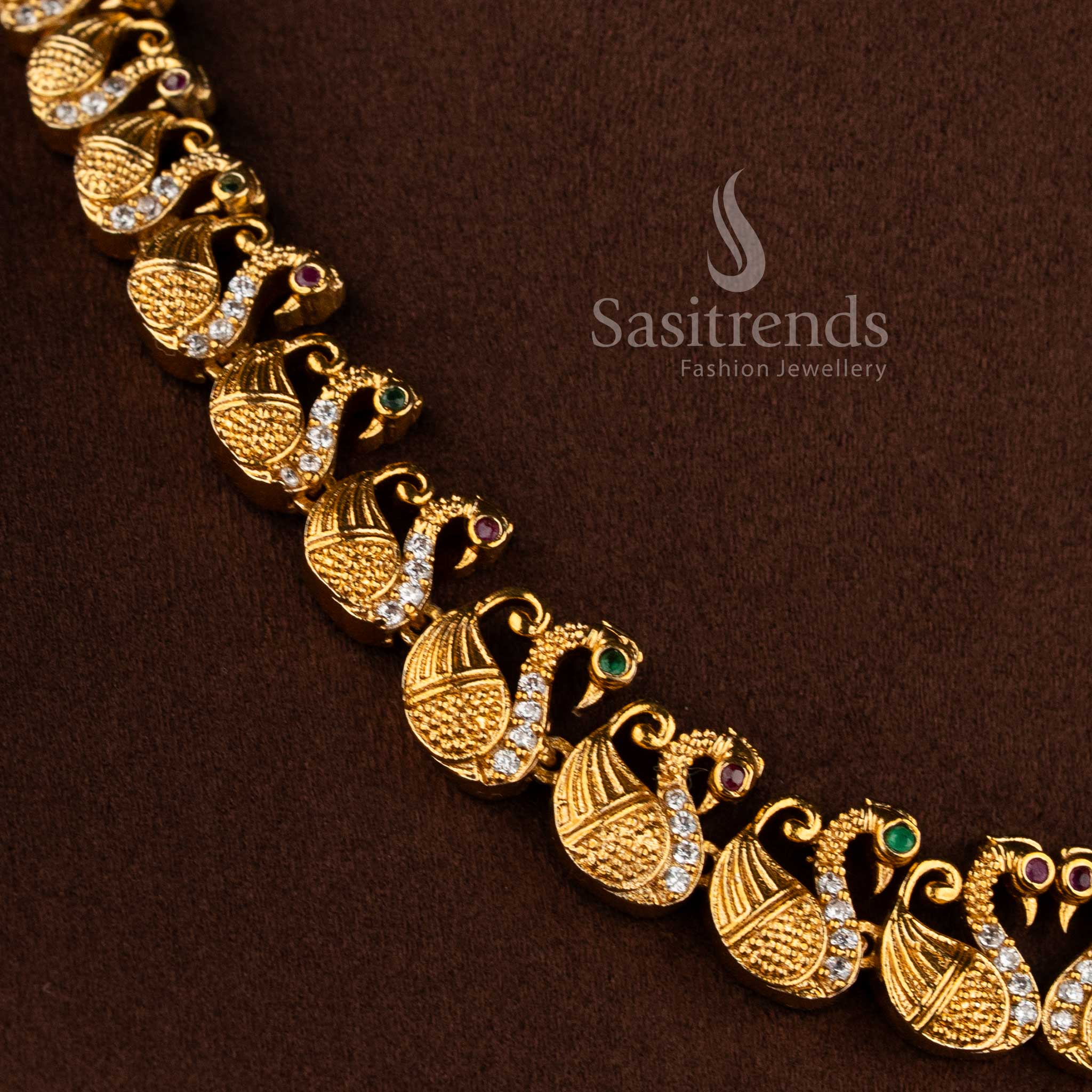 Bridal matte gold tone swan necklace set with sparkling AD stones by Sasitrends