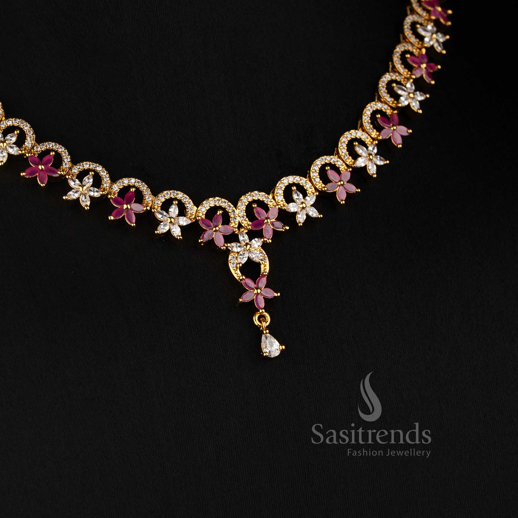 Round Cut American Diamond Matte Gold Plated Necklace Set for Women - Sasitrends