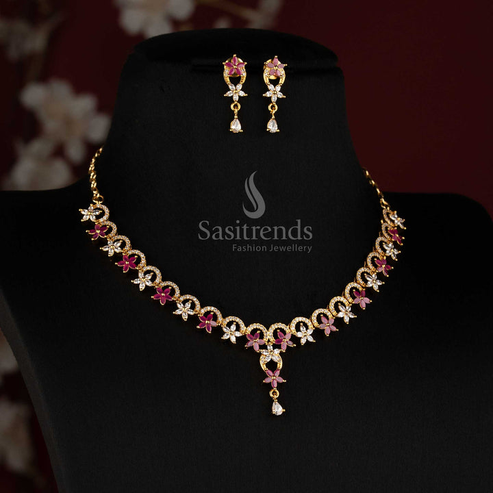 Detailed Matte Gold Plated Floral Petal AD Stone Necklace Set - Sasitrends