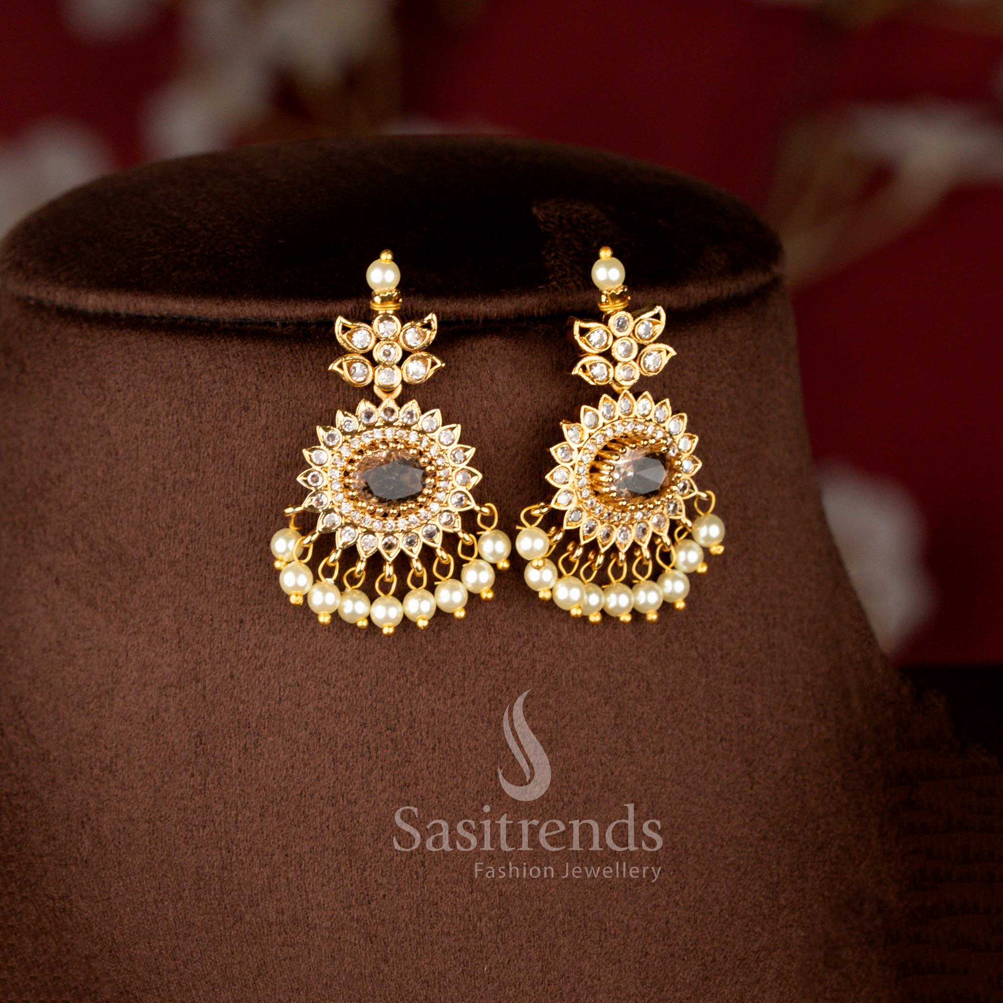 Luxurious Matte Gold Plated American Diamond Oval Linked Necklace Set with Cascading Paisley Stones and Pearls in Mint Green Color for Wedding and Bridal Wear - Sasitrends