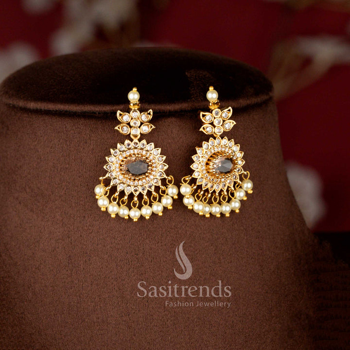 Luxurious Matte Gold Plated American Diamond Oval Linked Necklace Set with Cascading Paisley Stones and Pearls in Mint Green Color for Wedding and Bridal Wear - Sasitrends