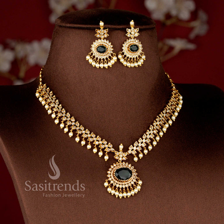Close-up view of Matte Gold Plated American Diamond Oval Linked Necklace Set featuring cascading paisley motifs, pearl drops stones - Sasitrends