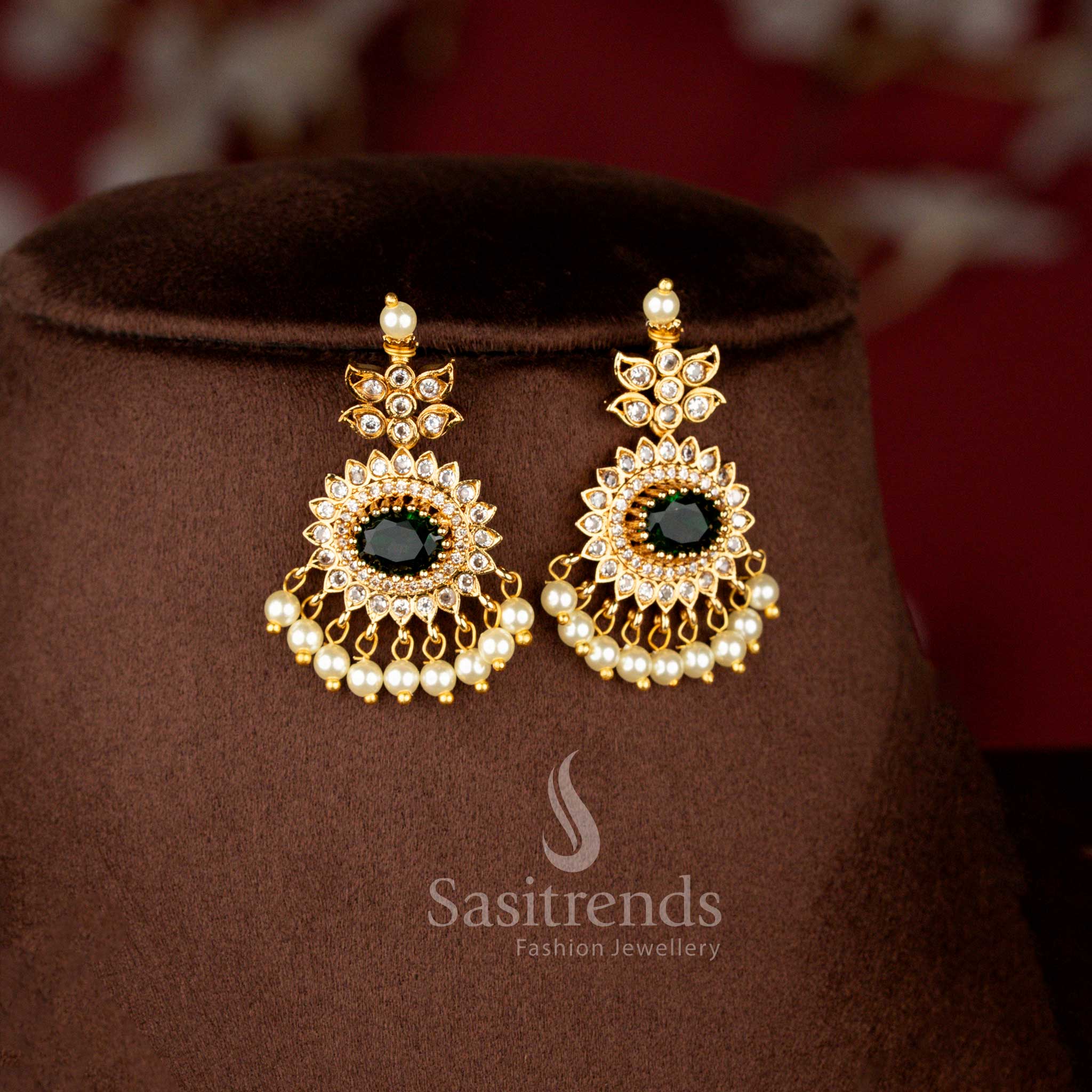 Luxurious Matte Gold Plated American Diamond Oval Linked Necklace Set with Cascading Paisley Stones and Pearls in Mint Green Color for Wedding and Bridal Wear - Sasitrends