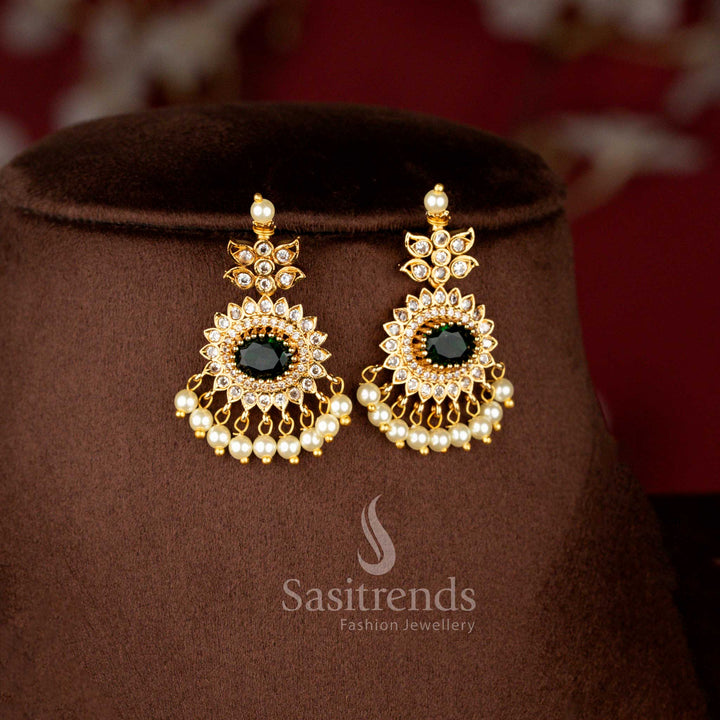 Luxurious Matte Gold Plated American Diamond Oval Linked Necklace Set with Cascading Paisley Stones and Pearls in Mint Green Color for Wedding and Bridal Wear - Sasitrends