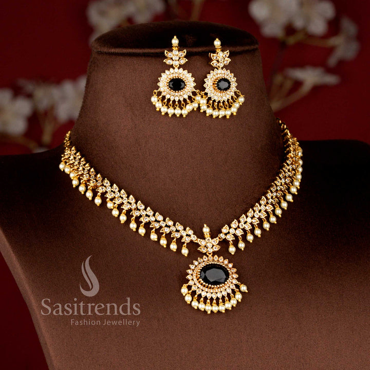 Luxurious Matte Gold Plated American Diamond Oval Linked Necklace Set with Cascading Paisley Stones and Pearls in Mint Green Color for Wedding and Bridal Wear - Sasitrends