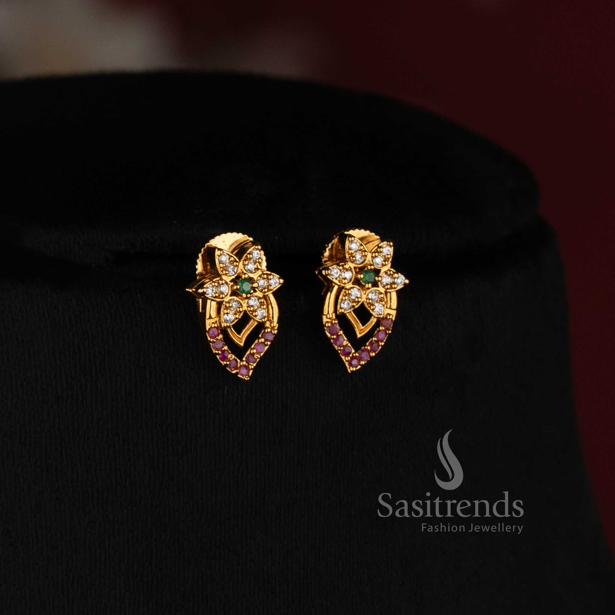 Matte Gold Plated Floral American Diamond Necklace Set for Sarees & Festive Wear - Sasitrends
