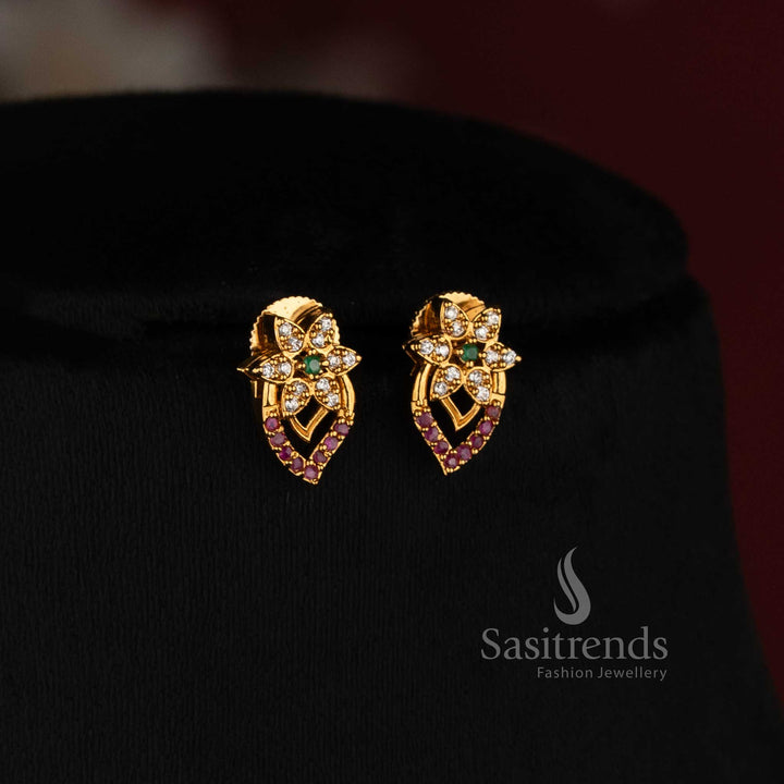 Matte Gold Plated Floral American Diamond Necklace Set for Sarees & Festive Wear - Sasitrends