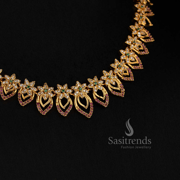 American Diamond Matte Gold Plated Floral Necklace Jewellery Set for Women - Sasitrends