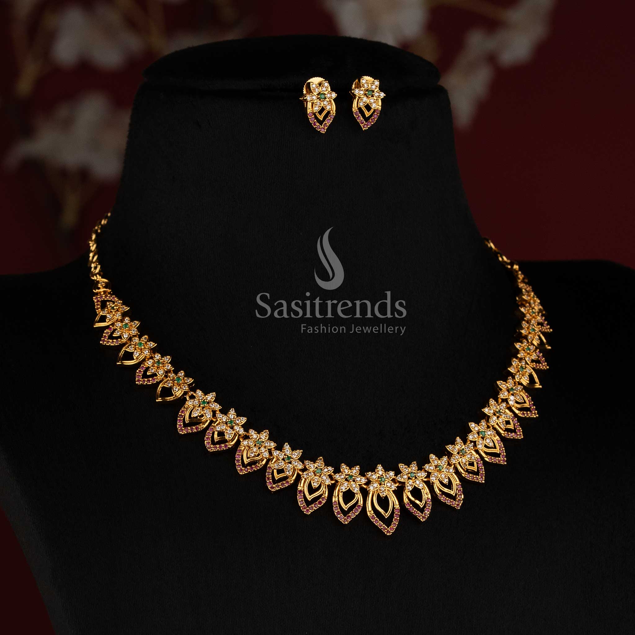 Matte Gold Plated Floral American Diamond Necklace Set for Sarees & Festive Wear - Sasitrends