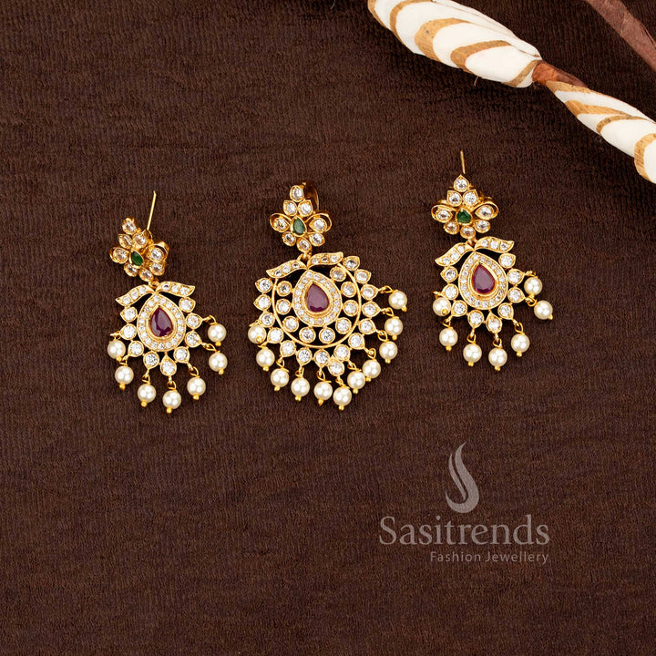 Timeless Traditional Matte Gold Plated AD Stone Studded Pendant Set with Pearl Drops - Sasitrends