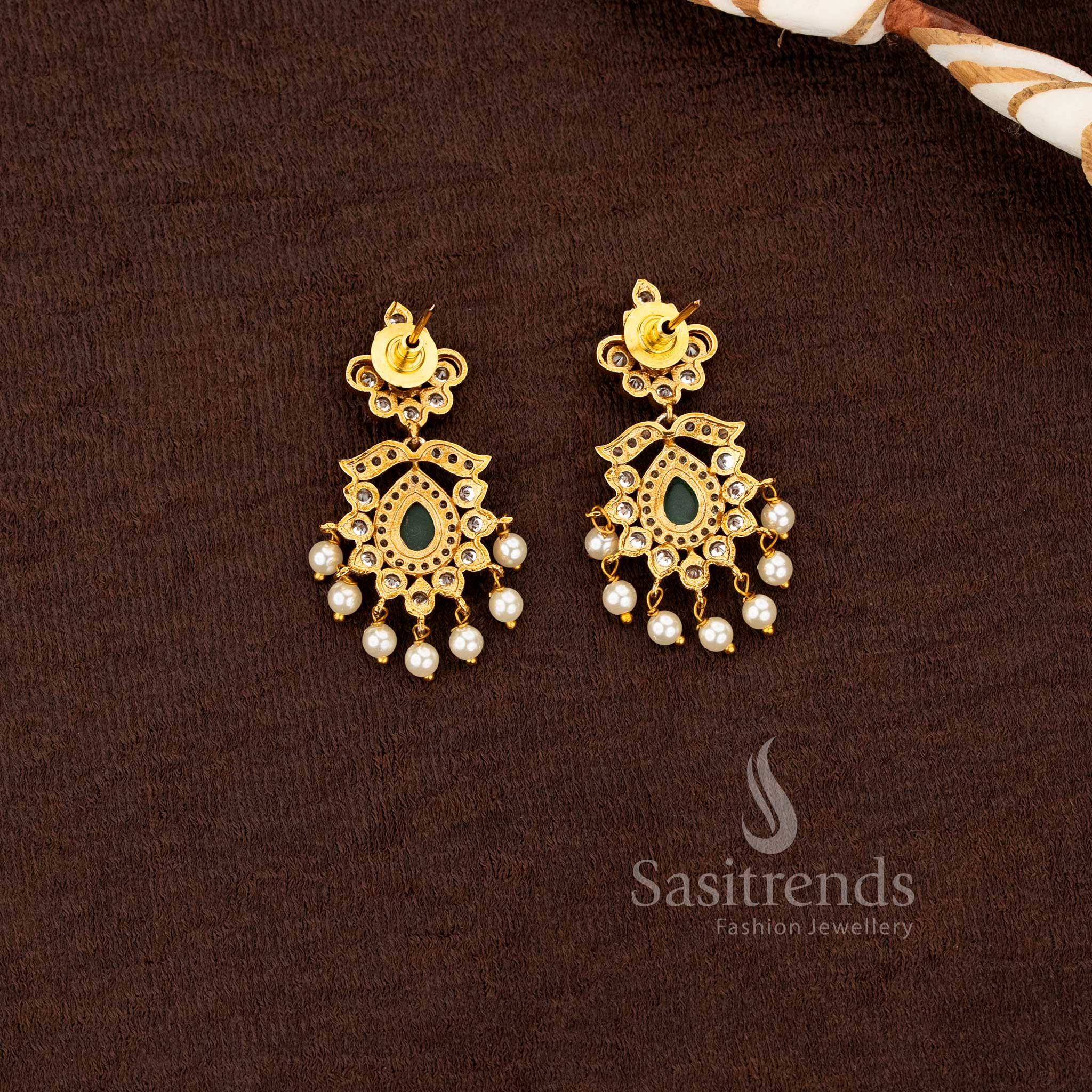Timeless traditional matte gold plated ad stone studded pendant set with pearls sasitrends