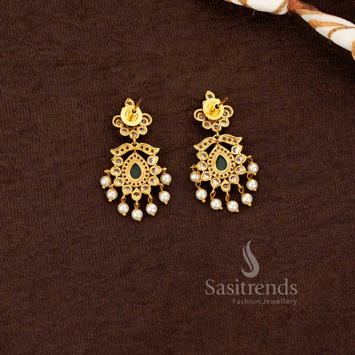 Timeless traditional matte gold plated ad stone studded pendant set with pearls sasitrends