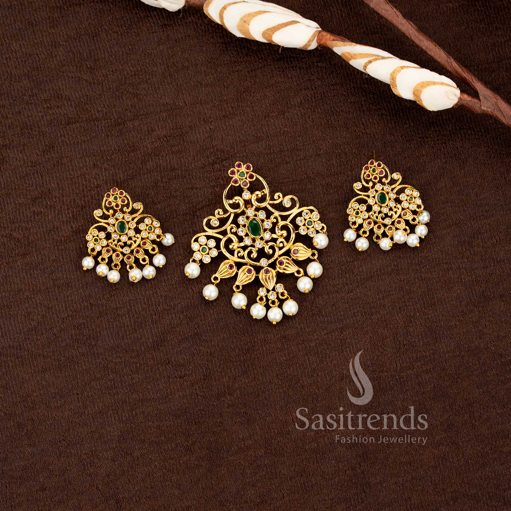 Premium ethnic jewelry set with stunning american diamonds and pearl droplets sasitrends