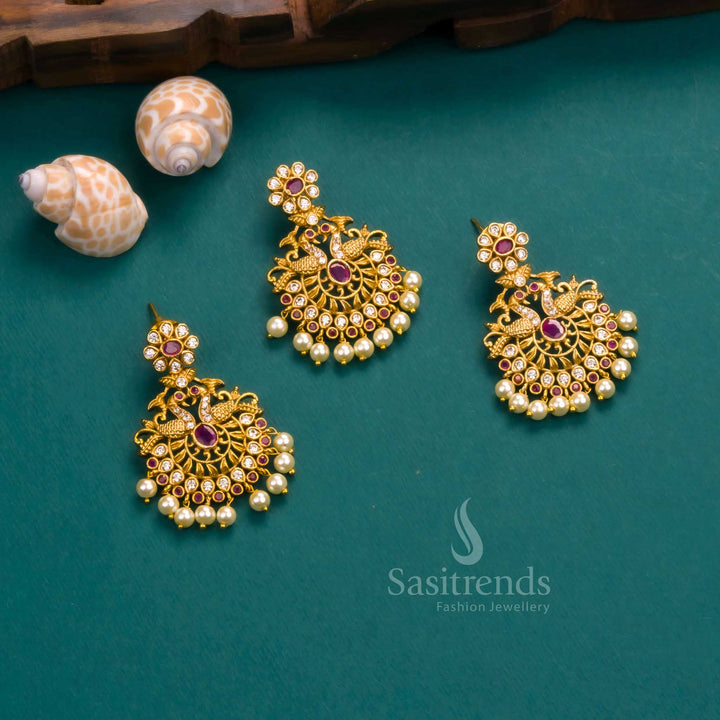 Premium Temple Matte Gold Plated Peacock Pendant With Jhumka Earrings with AD Stones & Pearls - Sasitrends