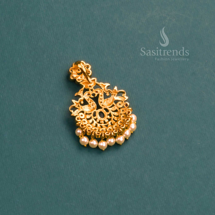 Graceful temple-style matte gold peacock featuring shimmering white-green AD stones, intricate pearl detailing, and beautifully coordinated earrings – jewellery elegance from Sasitrends