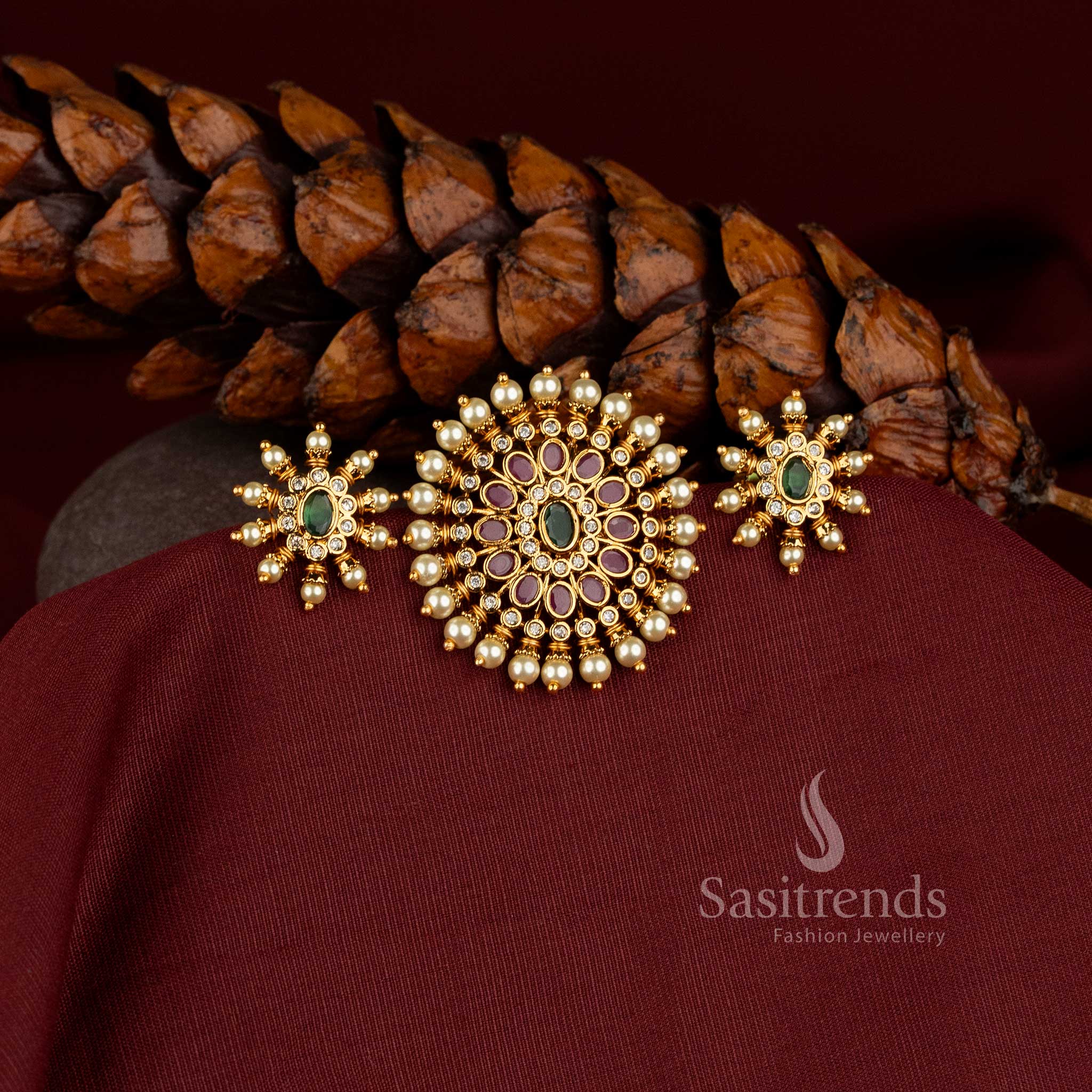 2241H elegant circular sunburst pearl pendant jewellery set with traditional matte finish for festive wear
