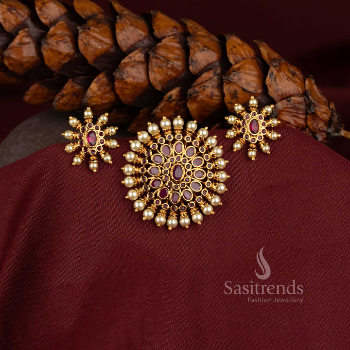 stunning traditional matte finish circular sunburst pearl pendant set for festive celebrations by Sasitrends