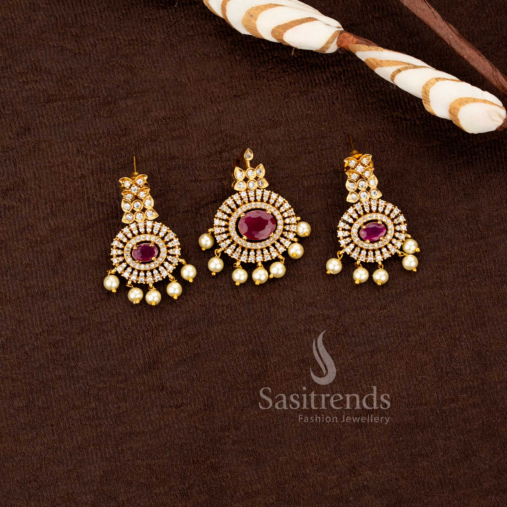 stunning traditional matte finish emerald ruby ad stone studded pendant and earrings set sasitrends