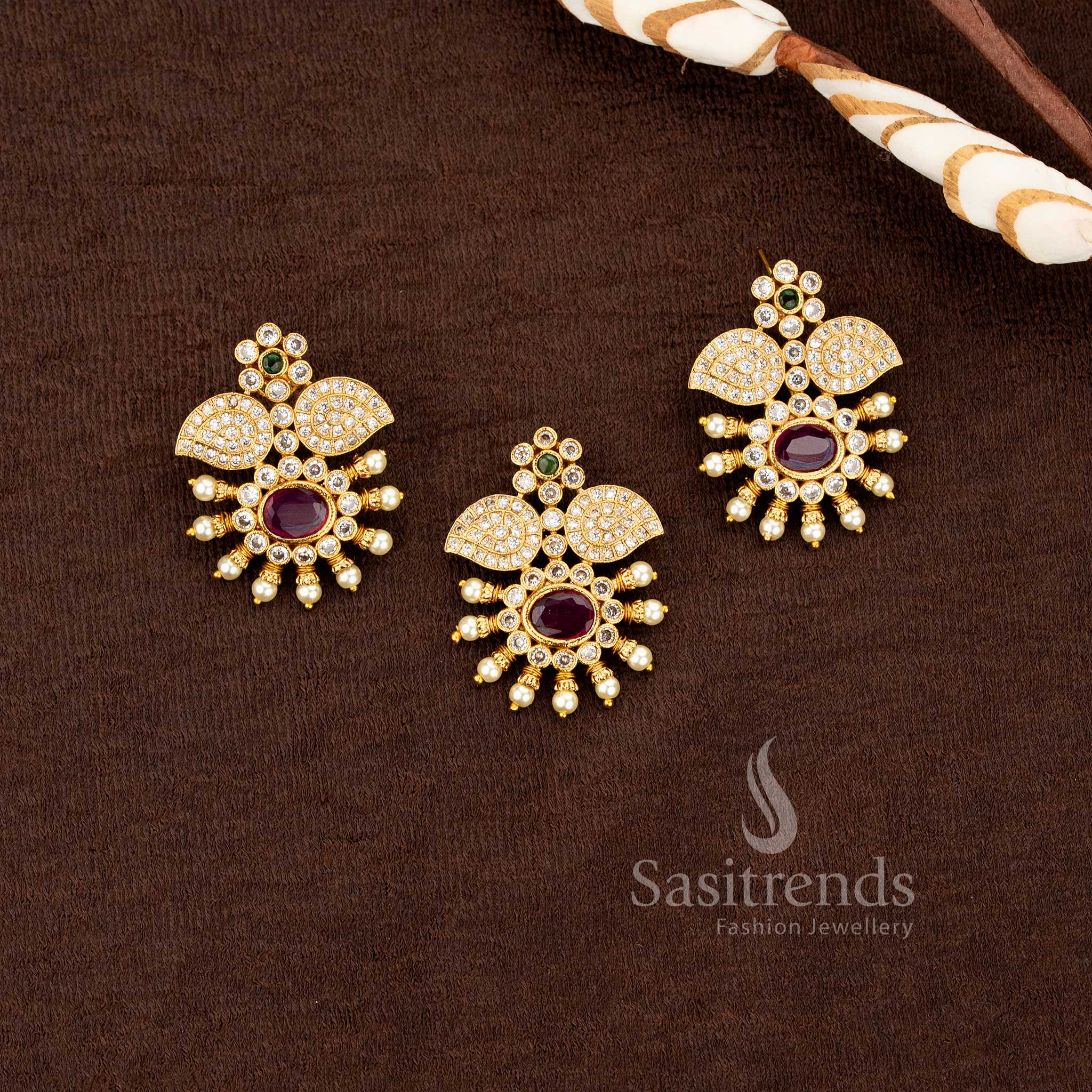 Premium ethnic jewelry set with sparkling american diamonds and leaf work sasitrends