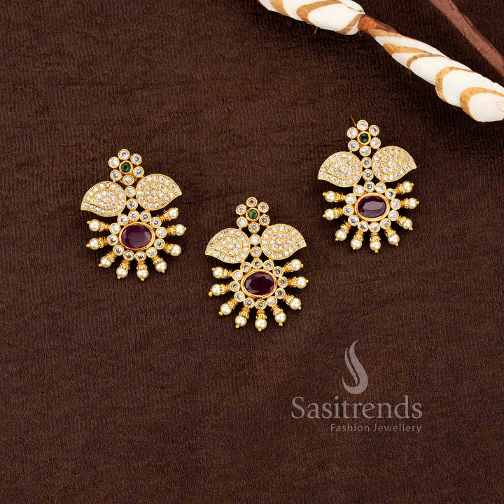 Attractive Traditional Matte Gold Plated AD Stone Studded Floral Pendant Set with Pearl Accents - Sasitrends