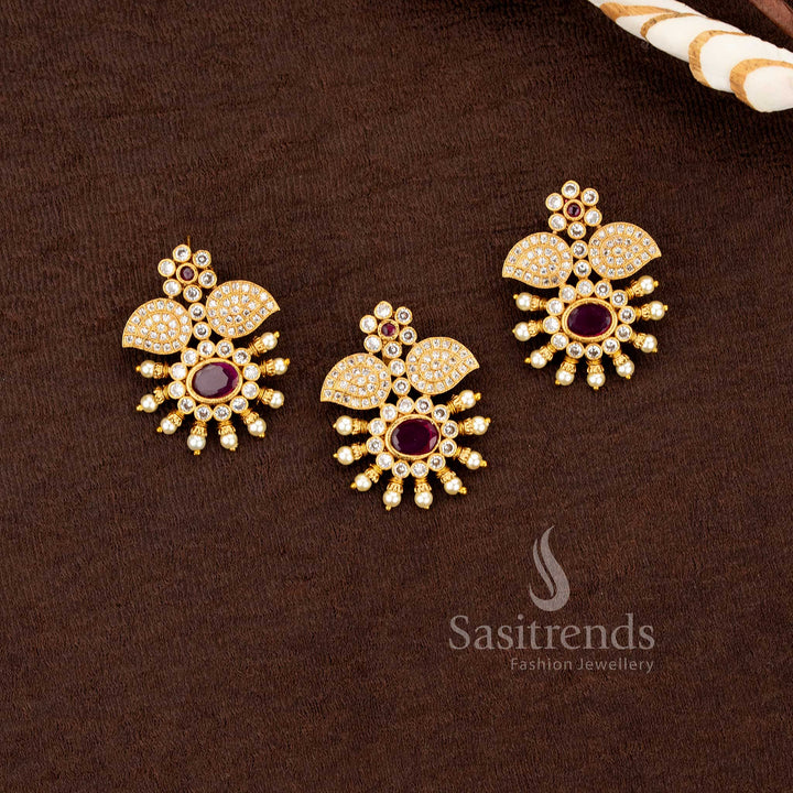 Exquisite floral leaf design matte finish pendant and earrings with pearls sasitrends