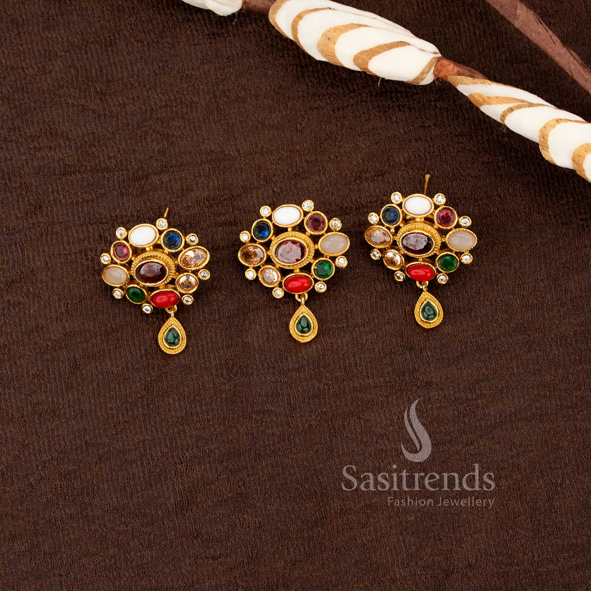 Attractive traditional matte gold plated navratna inspired pendant and matching earrings set sasitrends
