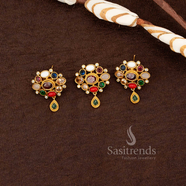 Attractive traditional matte gold plated navratna inspired pendant and matching earrings set sasitrends