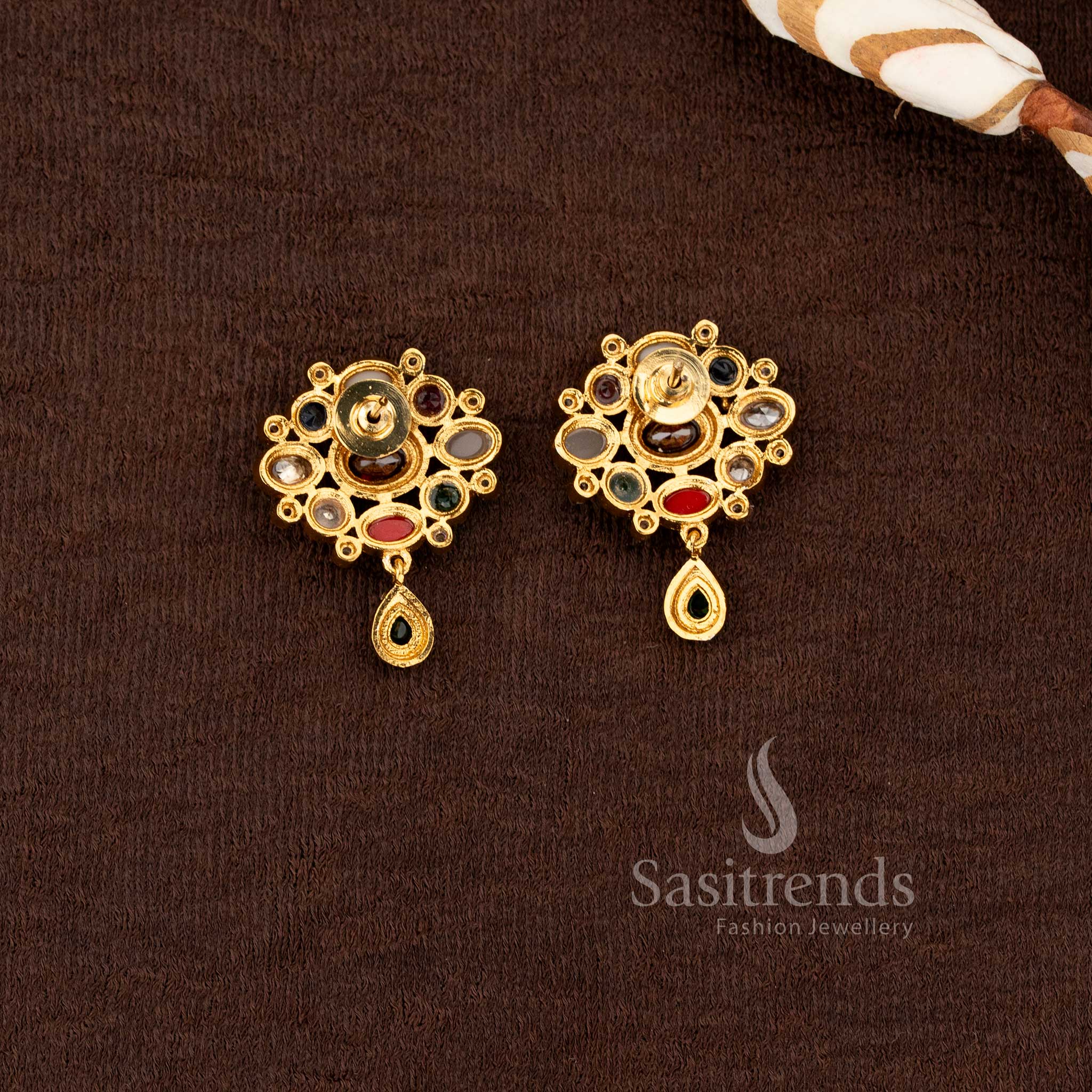 Exquisite Navarathna-stone matte finish pendant and stud earrings set with ad accents sasitrends