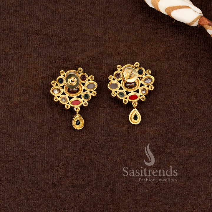 Exquisite Navarathna-stone matte finish pendant and stud earrings set with ad accents sasitrends