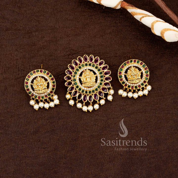attractive traditional matte lakshmi motif pendant and matching earrings set sasitrends