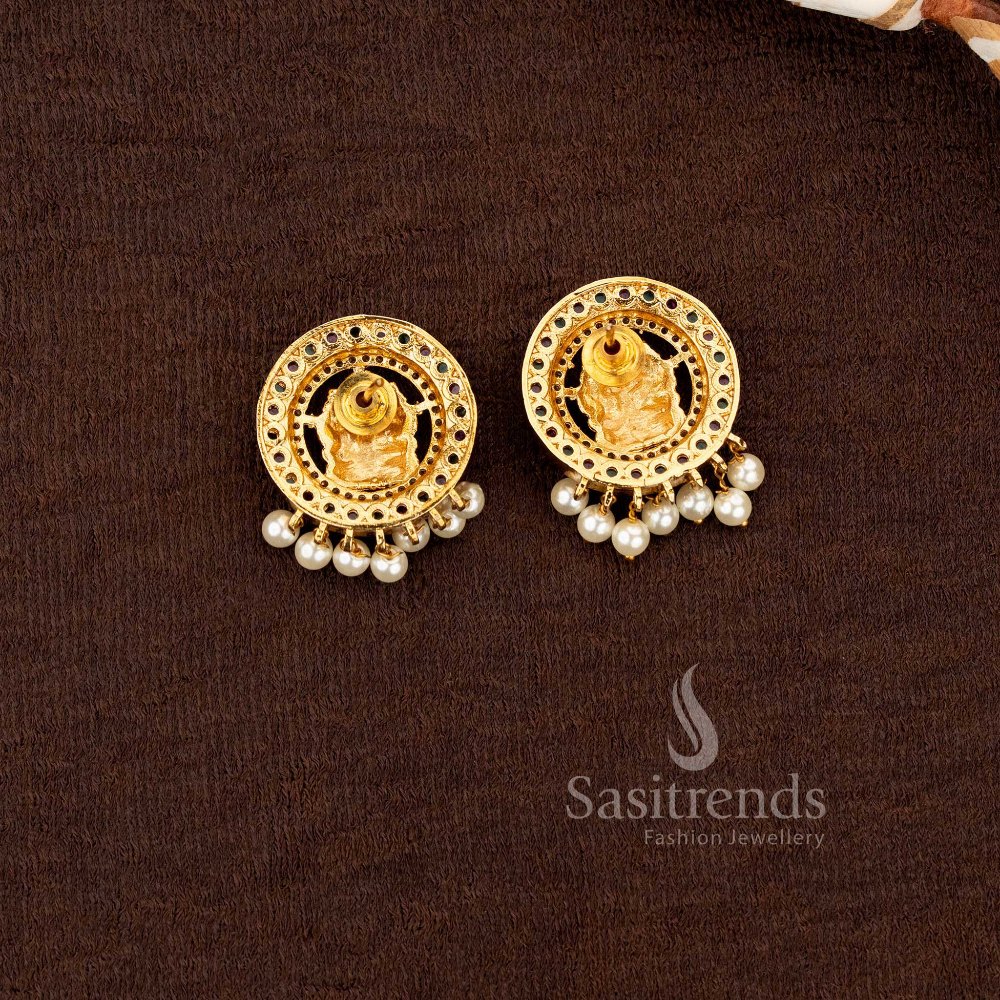 exquisite temple style matte finish pendant set with goddess lakshmi and pearls sasitrends
