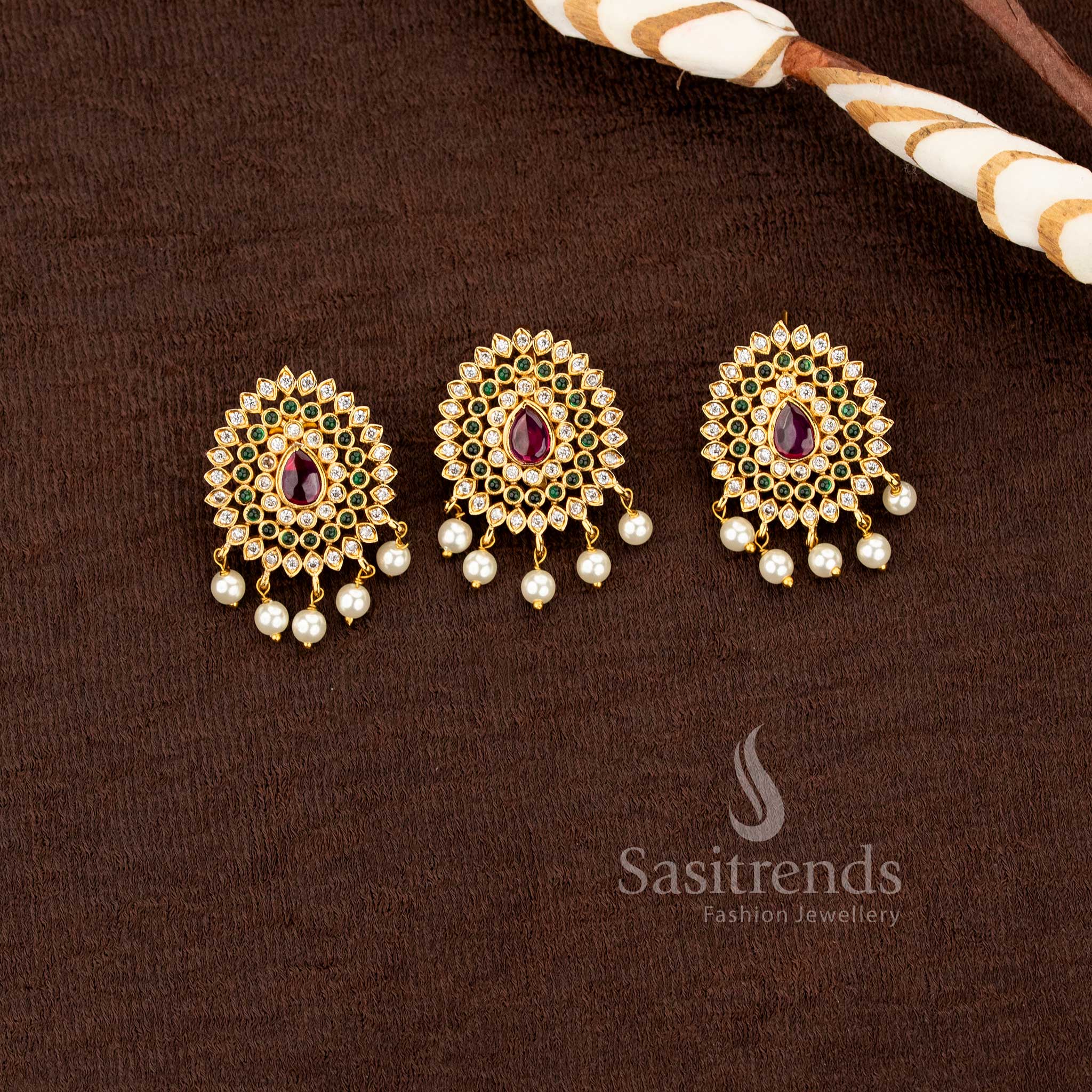 premium ethnic jewelry set with sparkling american diamonds and pearl droplets sasitrends