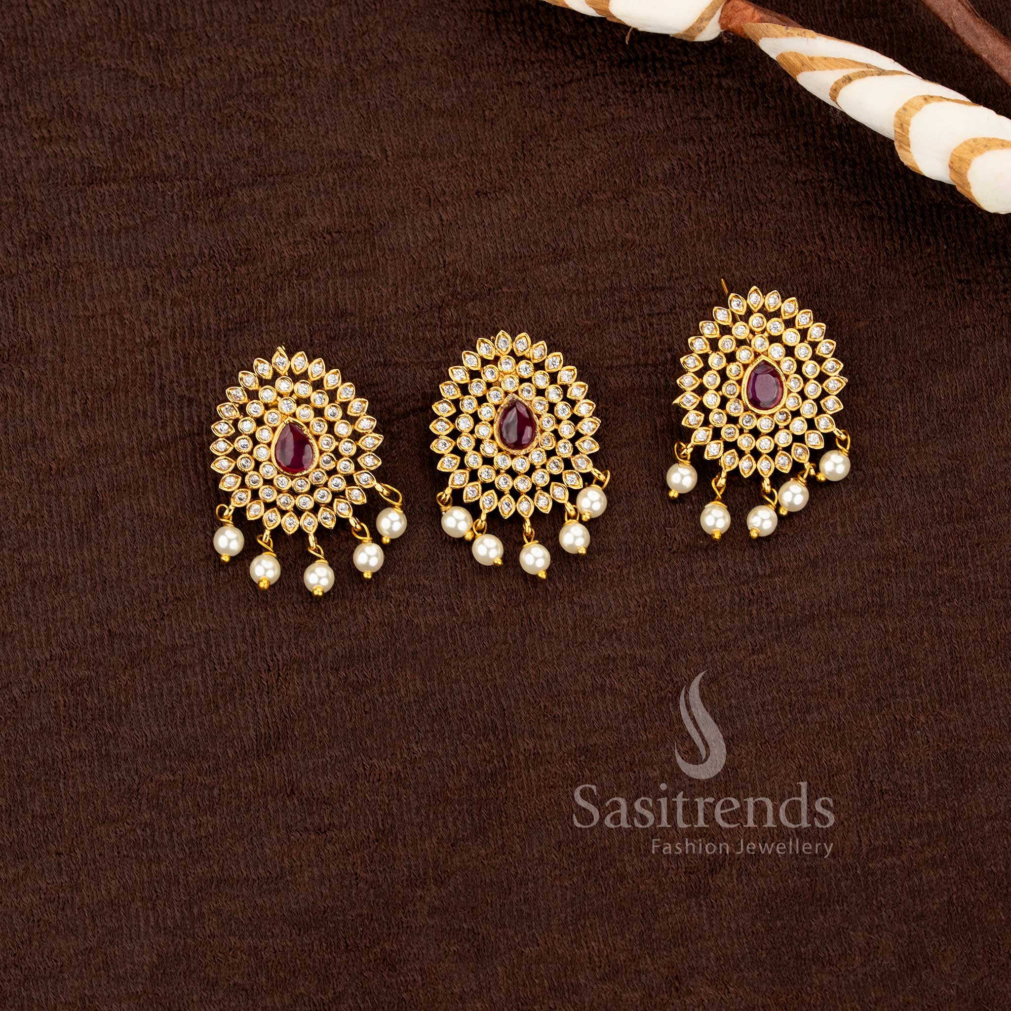 Premium ethnic jewelry set with sparkling american diamonds and pearl droplets sasitrends