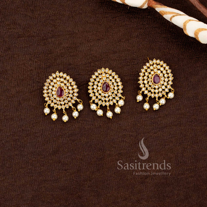 Premium ethnic jewelry set with sparkling american diamonds and pearl droplets sasitrends