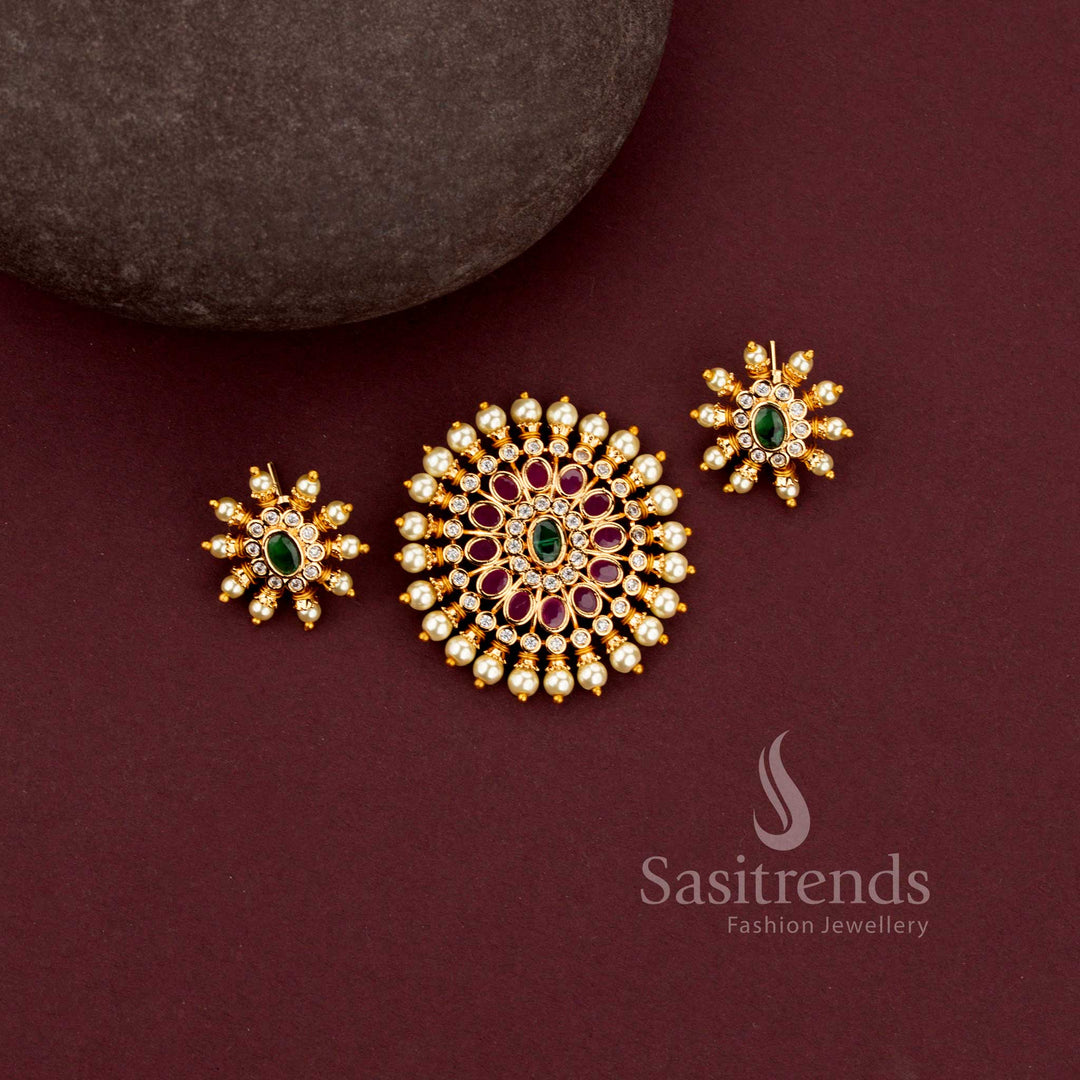 Traditional matte finish circular sunburst pearl pendant set for festive wear - Sasitrends