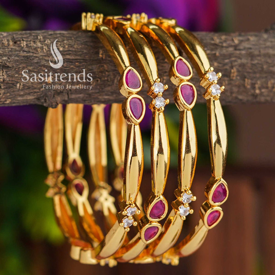 New Trendy White-Ruby Bangle Set | Micro Gold Plated | American Diamond Stones