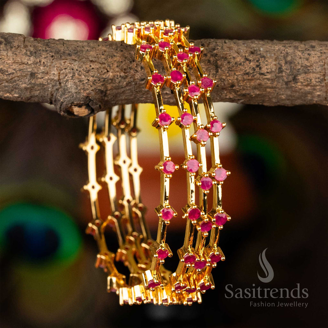 Elegant Micro Gold Plated Thin Bangles Set with Round American Diamond Stones Sasitrends