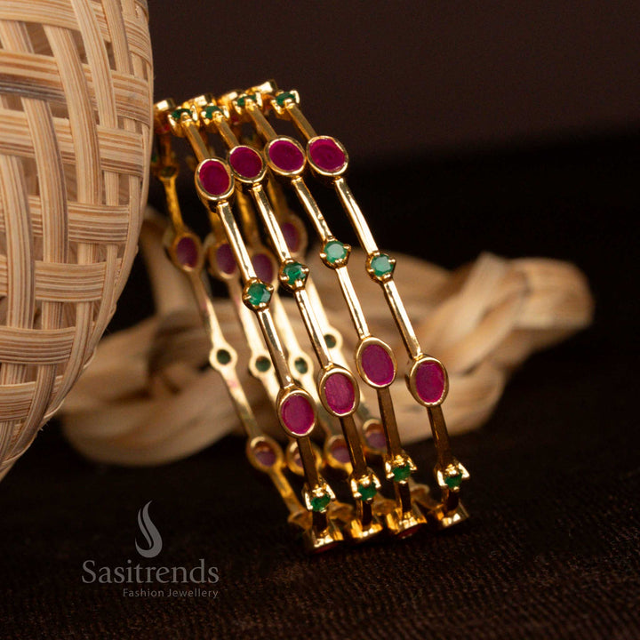 Micro gold plated American Diamond bangles featuring elegant oval and round gemstone settings, look like real gold - Sasitrends