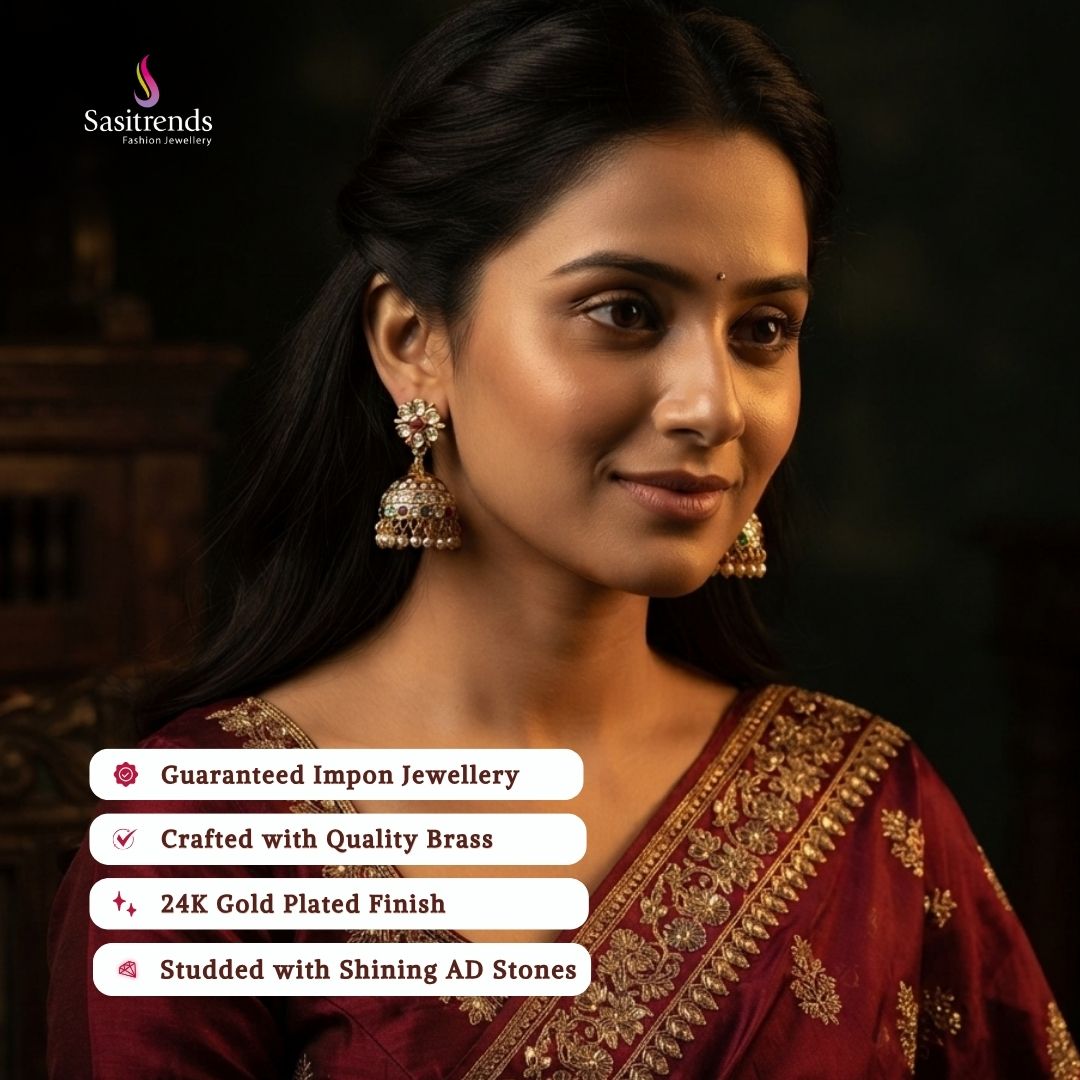 Guaranteed Micro gold plated AD stone impon earrings model image - Sasitrends