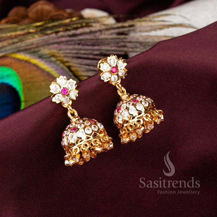 Gorgeous Micro Gold Plated Traditional Impon Earrings White Ruby Accents With Pearl Jhumka Design Jewellery - Sasitrends
