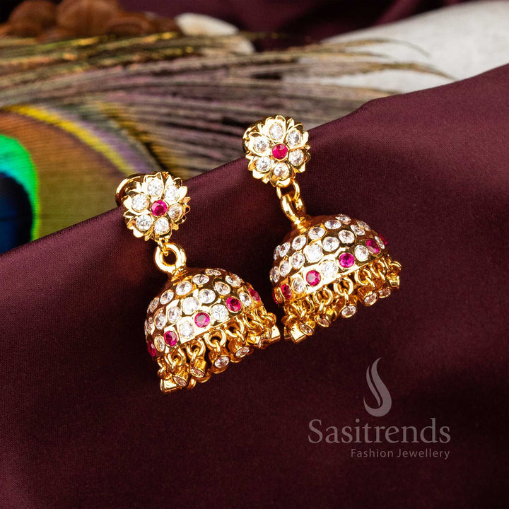 Beautiful Traditional Micro Gold Finish Impon Earrings White Ruby Kemp Stones Pearl Jhumka Accents Jewellery - Sasitrends