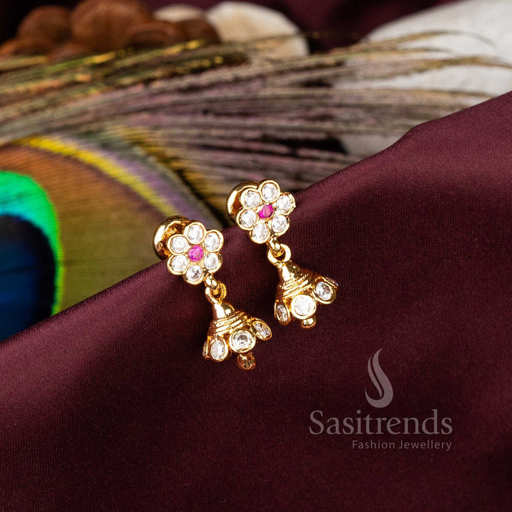 Exquisite Micro Gold Plated Traditional Impon Earrings With White Ruby Stones And Pearl Drop Design Bridal Jewellery - Sasitrends