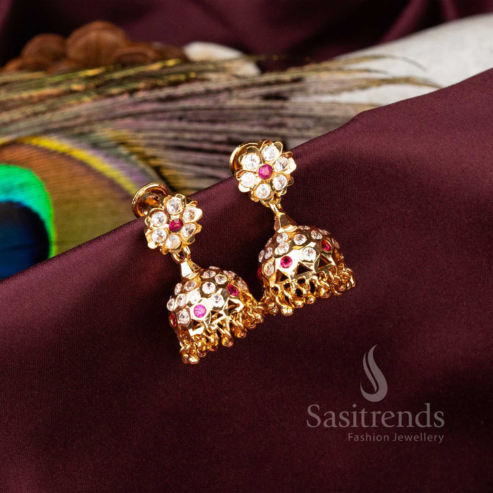 Premium Traditional Impon Temple Earrings Micro Gold Plated With White Ruby Stones And Kemp Pearls Jewellery - Sasitrends