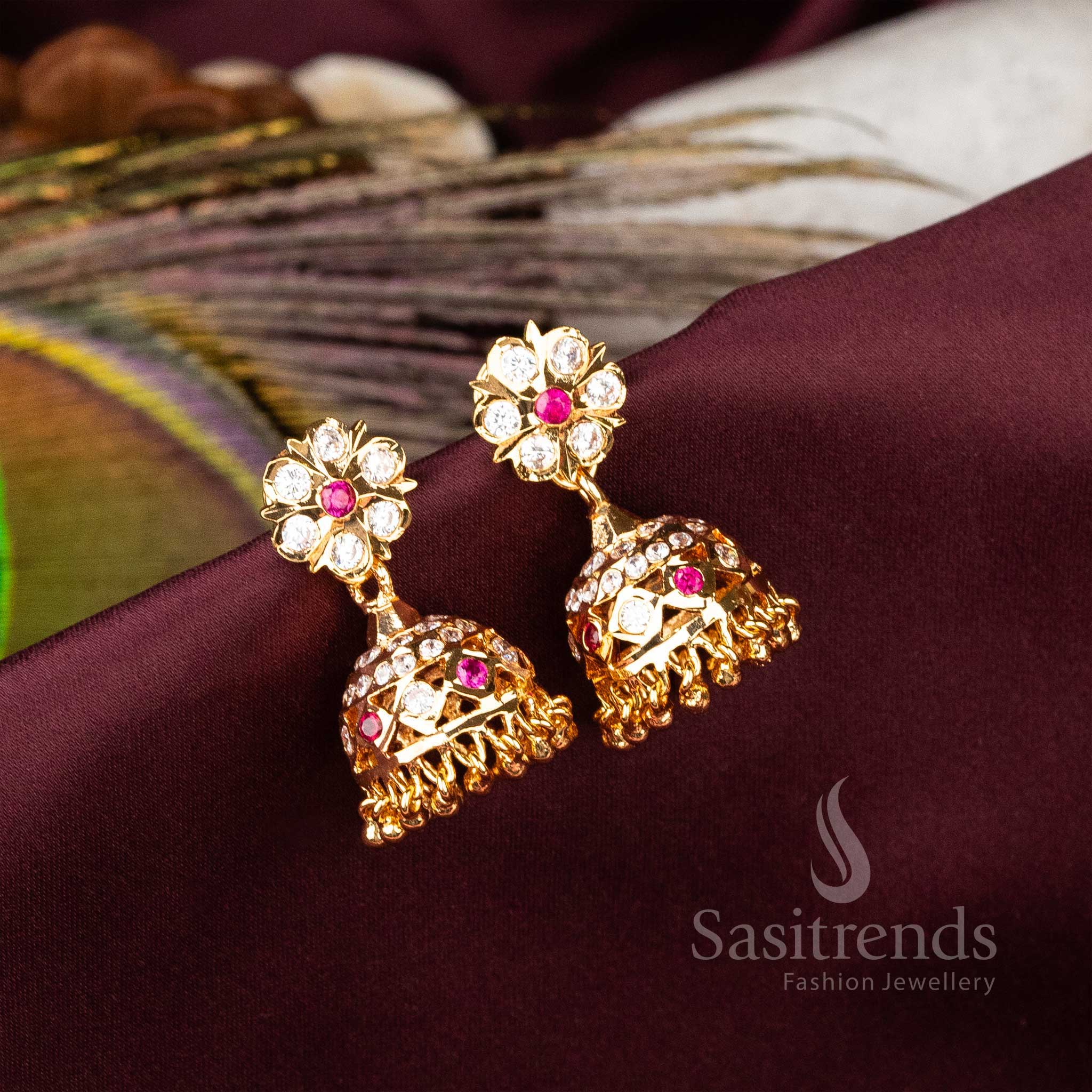 Elegant Traditional Impon Micro Gold Plated Earrings White Ruby Stones With Floral Pattern And Pearl Jewellery - Sasitrends