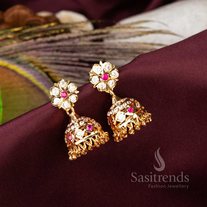 Elegant Traditional Impon Micro Gold Plated Earrings White Ruby Stones With Floral Pattern And Pearl Jewellery - Sasitrends