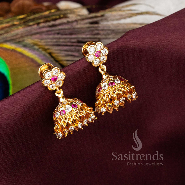 Grand Micro Gold Finish Traditional Impon Earrings White Ruby Stonework With Temple Pearl Jhumkas Jewellery - Sasitrends