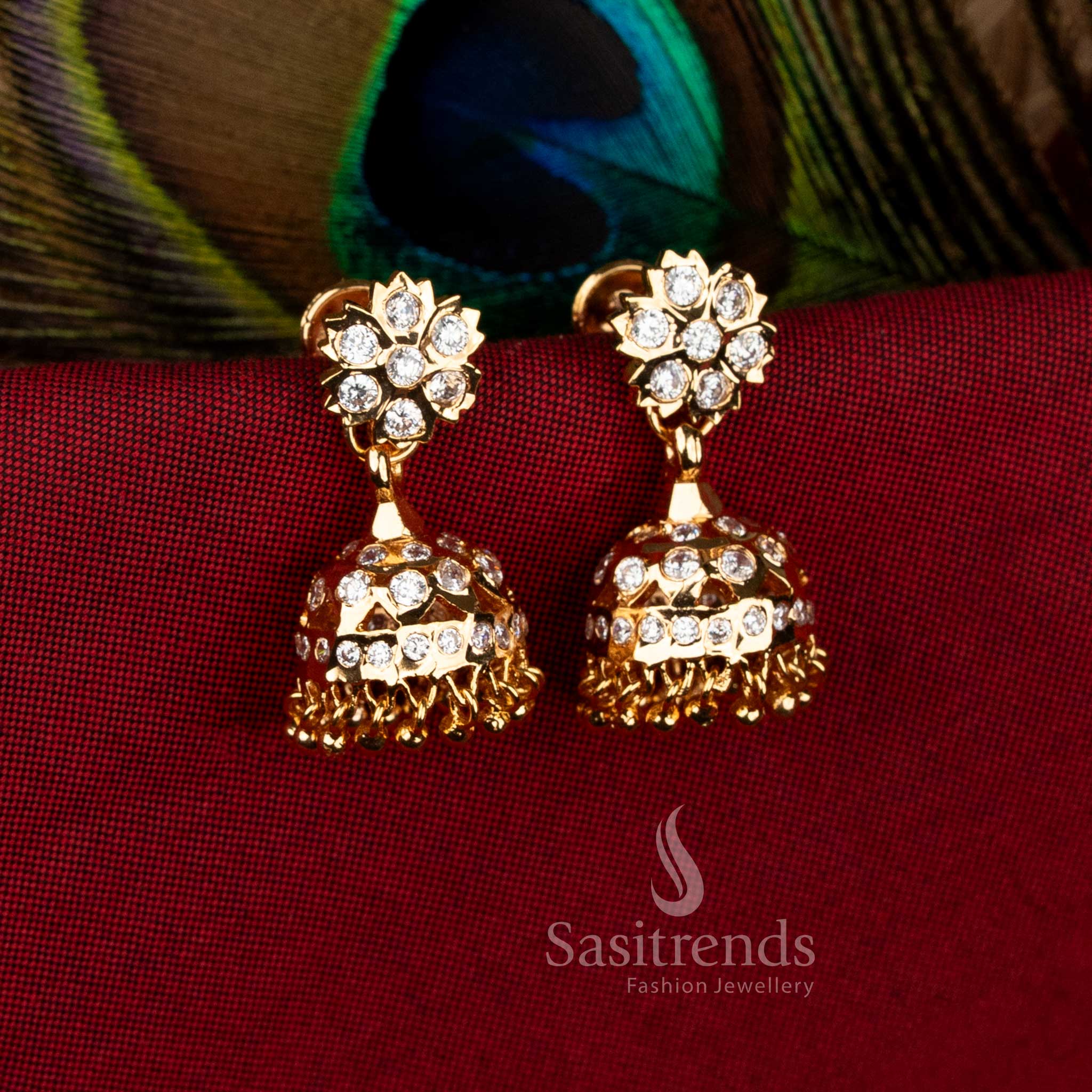 Guaranteed Impon Addigai Micro Gold Plated white AD Stone Floral Top Traditional Temple Jhumka Earrings by Sasitrends with intricate dome detailing